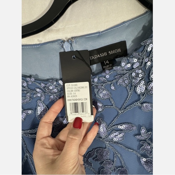 NWD $468 Tadashi Shoji‎ [ 14 ] Sequin Lace Long Sleeve Crepe Gown Cadet Blue - Picture 4 of 16